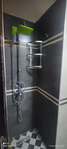 a bathroom with a shower with a black wall at Isco Stam in Martil
