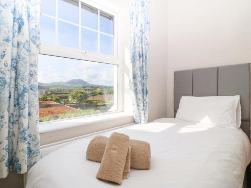 a bedroom with a bed and a window at Bryniau in Pwllheli