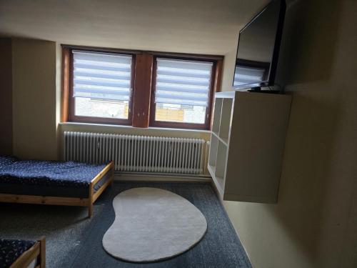 a room with a bed and a television and a rug at Apartment Schneider in Höxter