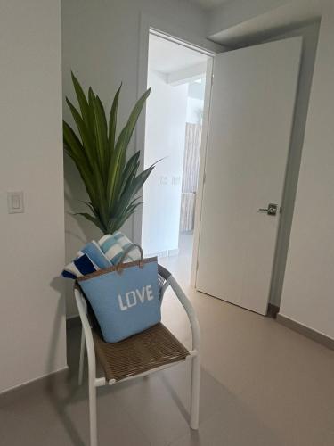 a blue bag sitting on a chair in a room at Ben's Gem in Philipsburg