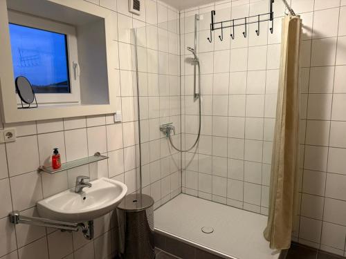 a bathroom with a sink and a shower at Monteurwohnung in Runkel