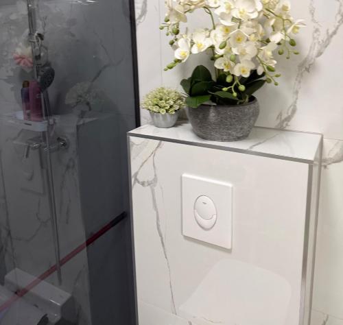 a white cabinet with two potted plants on it at Rosabell in Imotski