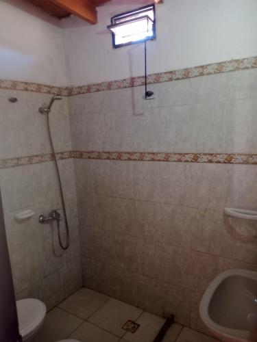 a bathroom with a shower and a toilet and a sink at Duplex Hermosinda Hospedaje in Chilecito