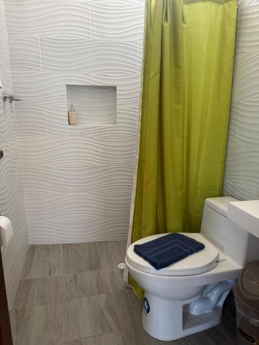a bathroom with a toilet with a green shower curtain at Hostal Gardner in Puerto Ayora