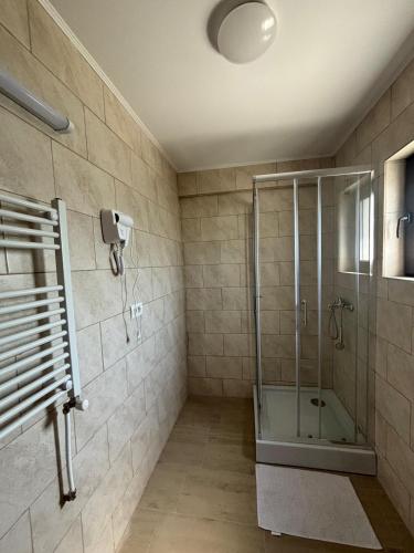 a bathroom with a shower and a glass shower stall at Pensiunea SAUVAGE in Corbu