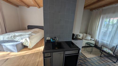 a bedroom with a bed and a kitchen with a sink at Fachwerk Studio in Leipzig