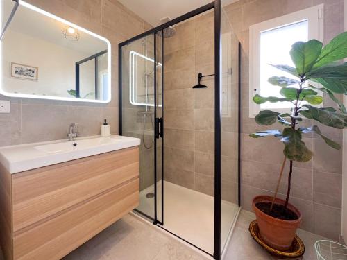 a bathroom with a shower and a sink and a potted plant at La Villetta Penmarch in Penmarch