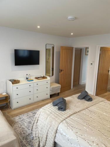 a bedroom with a large bed and a flat screen tv at Pourquoi Pas B&B in Sark