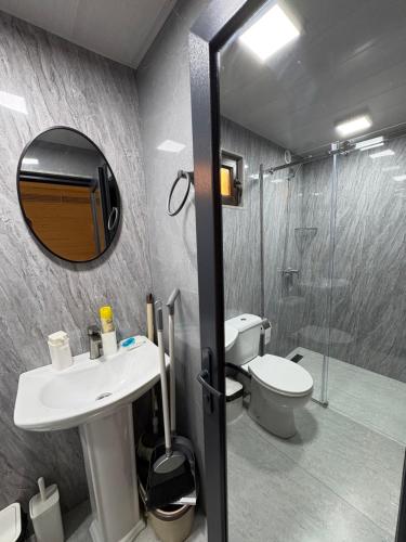 a bathroom with a toilet and a sink and a shower at Old Byurakan Cottage in Byurakan