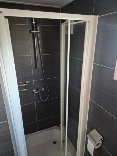 a shower with a glass door in a bathroom at De vijverhut in Schagen