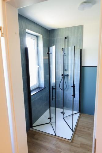 a glass shower in a bathroom with a window at A&E Hotel Friedrichshöhe in Braunschweig