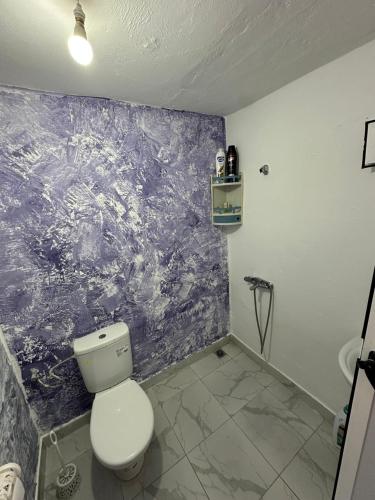 a bathroom with a toilet and a purple wall at Casa Abdel in Larache