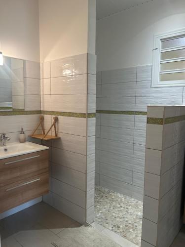 a bathroom with a sink and a shower at Maison avec piscine proche plage in Les Trois-Îlets