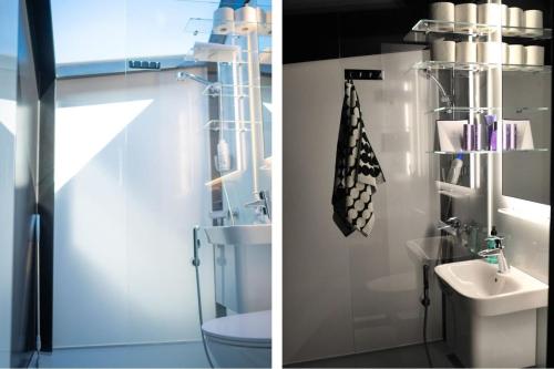 two pictures of a bathroom with a sink and a toilet at Lunar igloos - Kaamos in Karkku