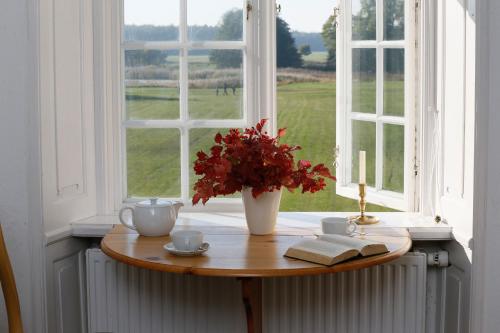 a table with a vase of flowers and a window at Ferienwohnung Herrenhaus Linker Seitenflügel II - Boldevitzer Rügenkaten in Parchtitz