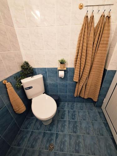 a bathroom with a toilet and two towels at Solmara in Lozenets