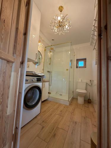 a bathroom with a washing machine and a shower at Luna House in Łoje