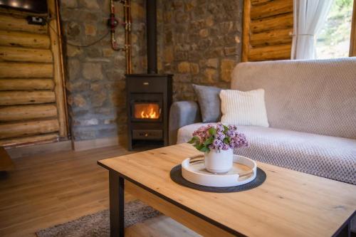 a living room with a couch and a wood stove at Brvnara Vasić - Stara planina in Pirot