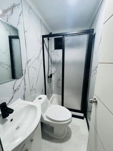 a bathroom with a shower and a toilet and a sink at Cabañas Vista Mar in Los Vilos