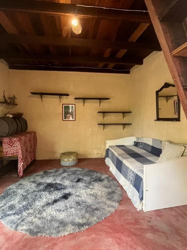 a bedroom with a bed and a rug at Golden refuge in Vale do Capão in Passagem