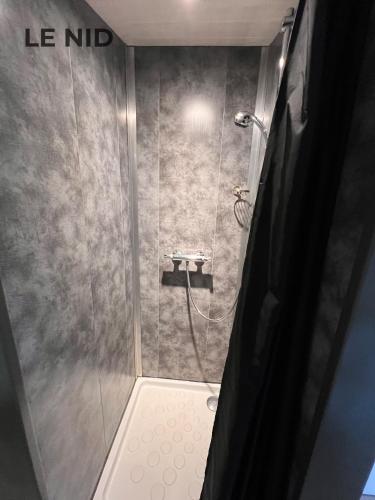 a bathroom with a shower with a glass door at Les Gîtes Ar Milin in Cordemais