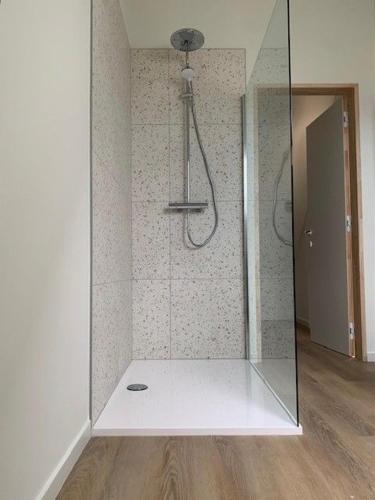 a shower with a glass enclosure in a room at Vakantiewoning - Perspektiv in Kortemark