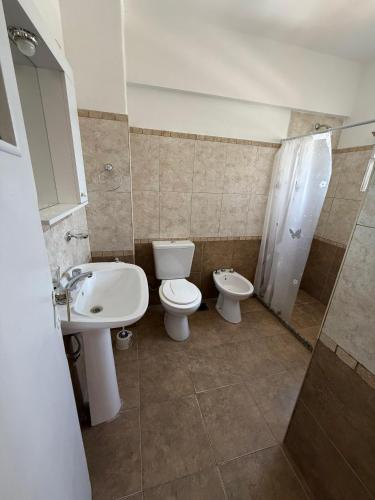 a bathroom with a toilet and a sink and a shower at Hospedajes Edén in La Falda