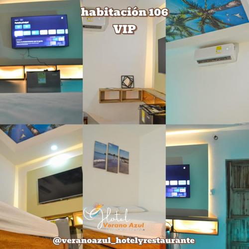 a collage of pictures of a room with a tv at Hotel Y Restaurante Verano Azul in Moñitos