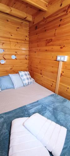 two beds in a room with wooden walls at La cabaña de Magui in Riópar