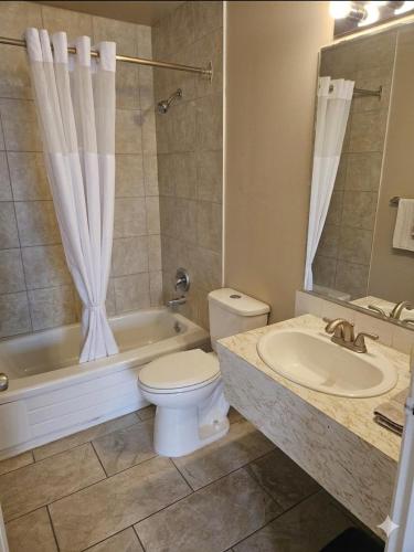 a bathroom with a toilet and a tub and a sink at Alaskan Motel in Fox Creek