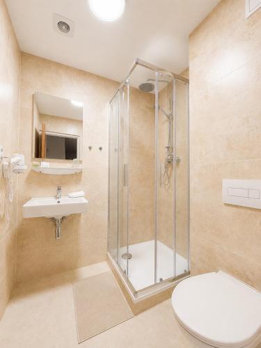 a bathroom with a shower and a toilet and a sink at Hotel Casanova in Duchcov