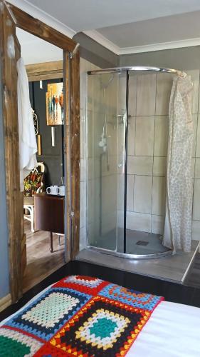 a bedroom with a shower with a rug on the floor at Urban Villa 25 in Gaborone