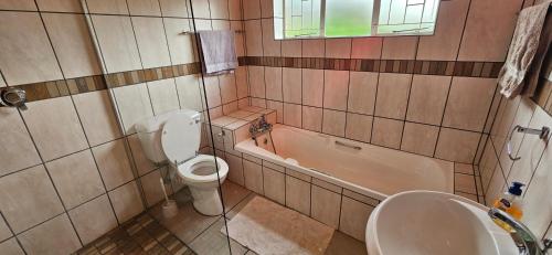 a bathroom with a toilet and a sink and a tub at Applegate lodge in Clarens