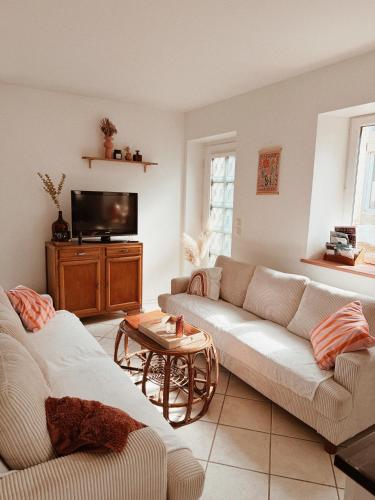 a living room with two couches and a tv at Le gîte de Marceau in Labergement-lès-Auxonne