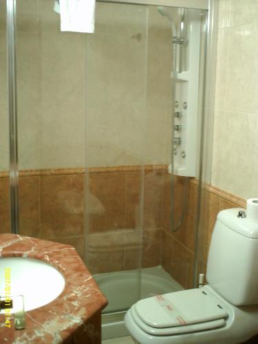 a bathroom with a shower and a toilet and a sink at Hotel VillaPaloma in La Virgen del Camino