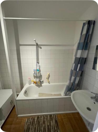 a bathroom with a bath tub and a sink at Grace Family Home in Brussels