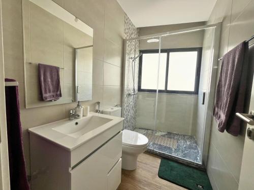 a bathroom with a sink and a toilet and a shower at JLKM Mindelo Central Residence in Mindelo