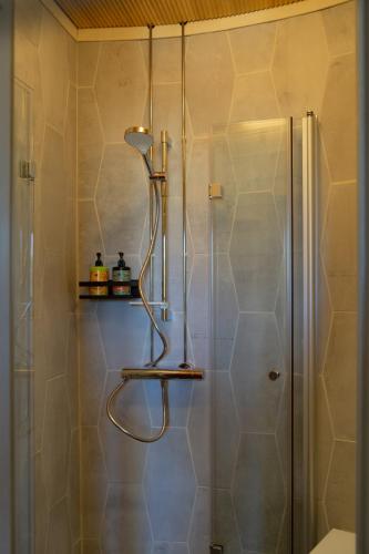 a shower in a bathroom with a shower stall at Biskopsdal in Karuna