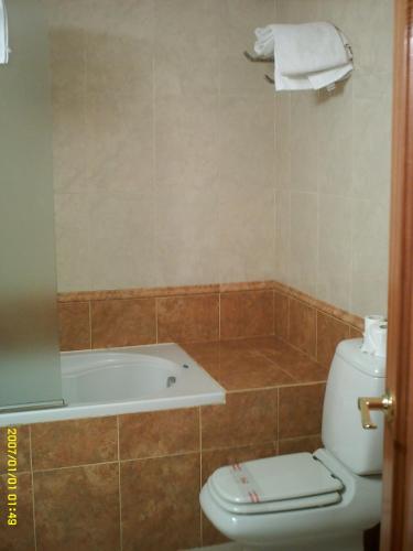 a bathroom with a toilet and a bath tub at Hotel VillaPaloma in La Virgen del Camino