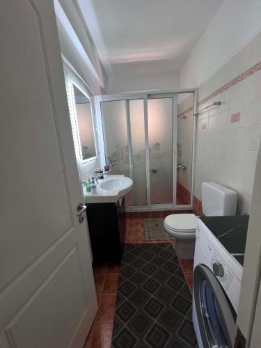 a bathroom with a toilet and a sink and a shower at Dimitris Apartment in Karditsa