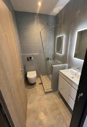 a bathroom with a shower and a toilet and a sink at Geamare Studios in Kálamos