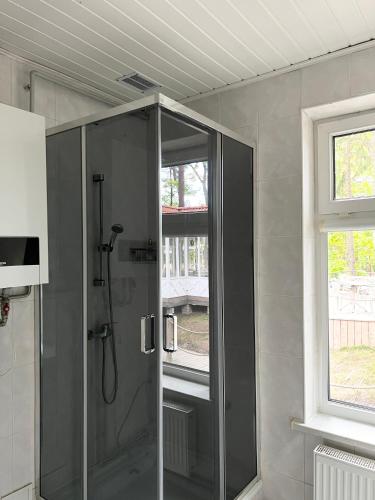 a glass shower in a bathroom with a window at ThaiThanee COZY HOUSE in Palanga