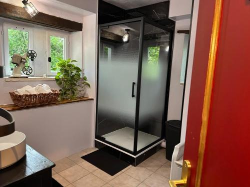 a shower with a glass door in a bathroom at La Tuilerie Du Cinéaste in Courlon