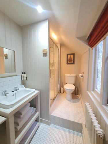 a bathroom with a sink and a toilet at Bel And The Dragon-Churt in Farnham