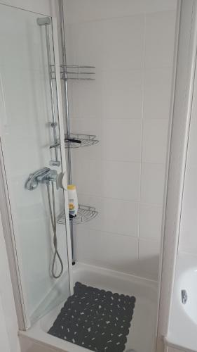 a shower with a black rug in a bathroom at Rudiferienwohnung in Büdingen