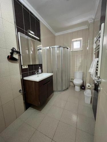a bathroom with a shower and a sink and a toilet at Lale Residence in Trabzon