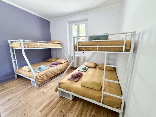 two bunk beds in a room with blue walls at L'escale de l'oisans in Livet-et-Gavet