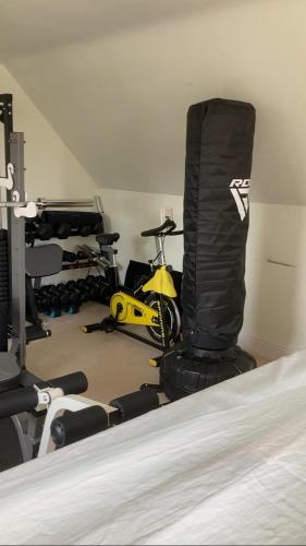 a gym with a bunch of equipment in a room at Private room Bishop Norton in Bishop Norton