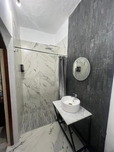 a bathroom with a sink and a shower with a mirror at Habitación 4 Casa Minerva in Puebla