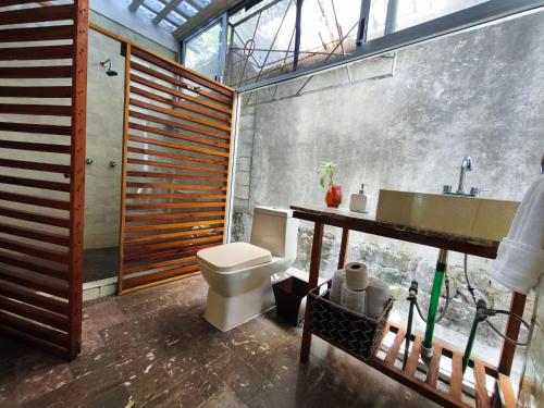a bathroom with a toilet and a sink at Casa Santi Tepoztlán in Tepoztlán